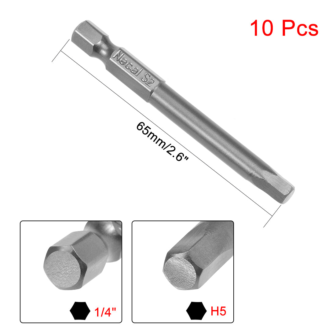 uxcell Uxcell 10Pcs 1/4" Hex Shank 65mm Length Magnetic Hex Head H5 Screwdriver Bits S2 Alloy Steel