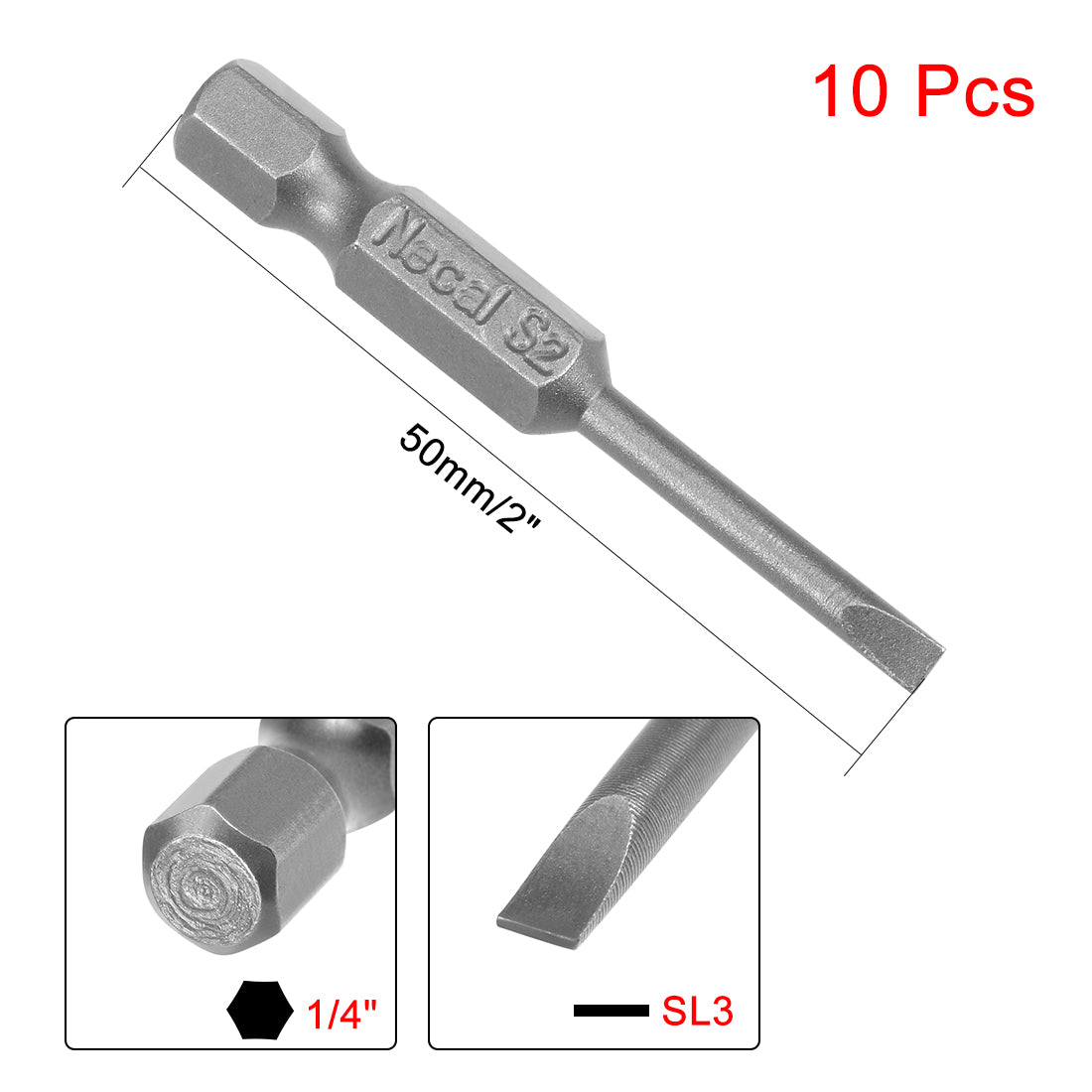 uxcell Uxcell 10Pcs 1/4" Hex Shank 50mm Length Magnetic SL3 Slot Head Screwdriver Bits S2 Alloy Steel