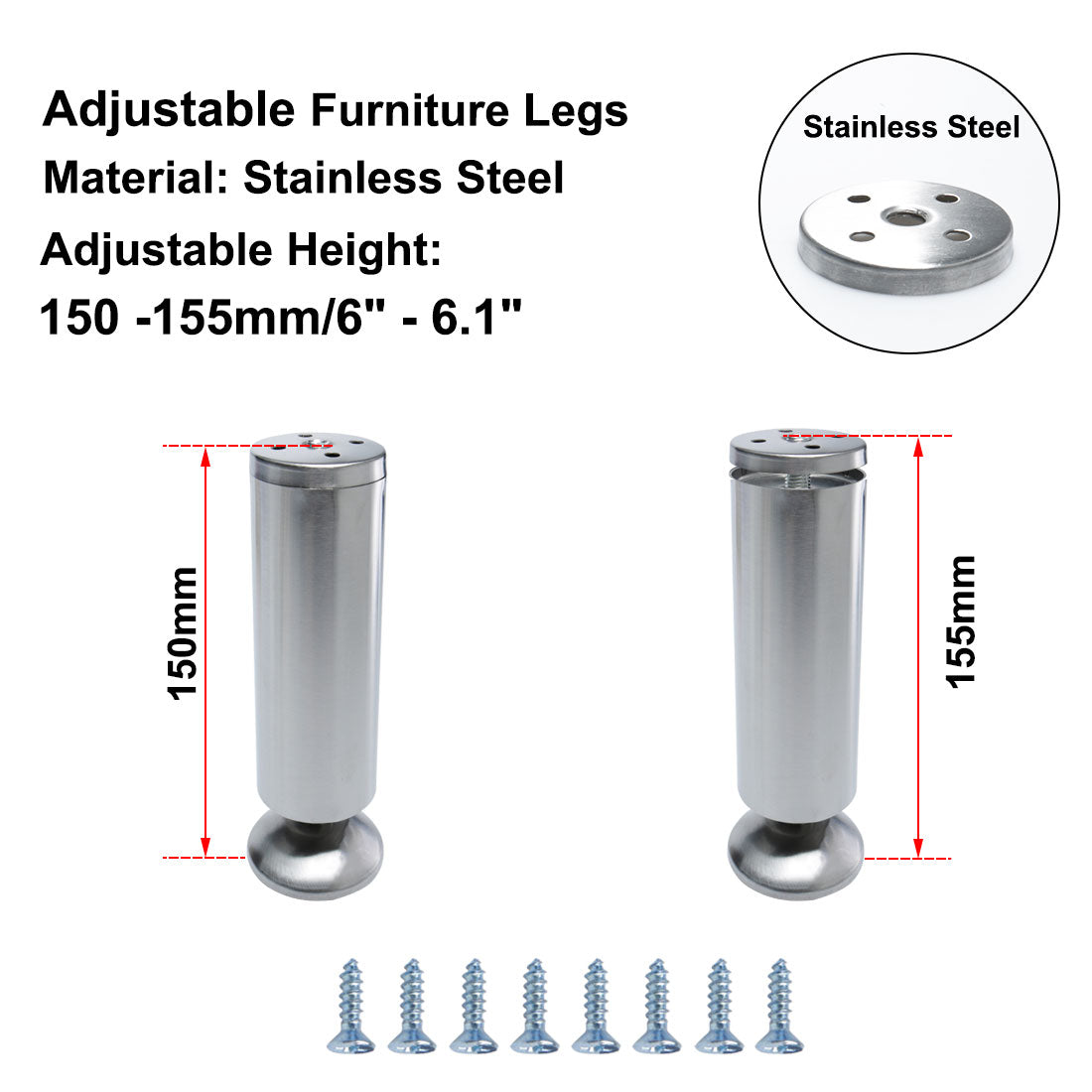 uxcell Uxcell Furniture Leg Stainless Steel Table Height Replacement Adjustable Feet 4pcs
