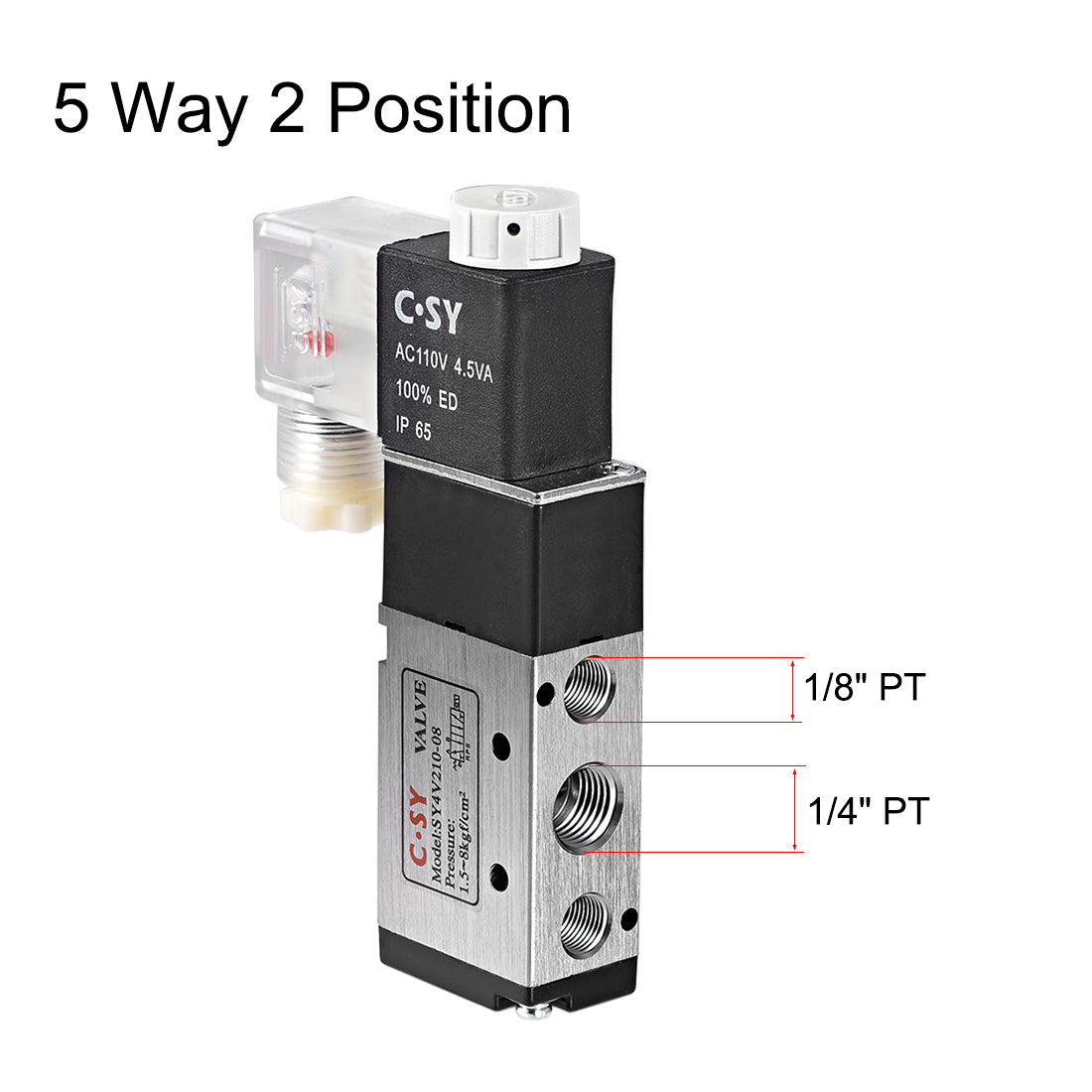 uxcell Uxcell 4V210-08 Pneumatic Air Single Electrical Control Solenoid Valve AC 110V 5 Way 2 Position 1/4" PT Thread Internally Piloted Acting Type w LED Light