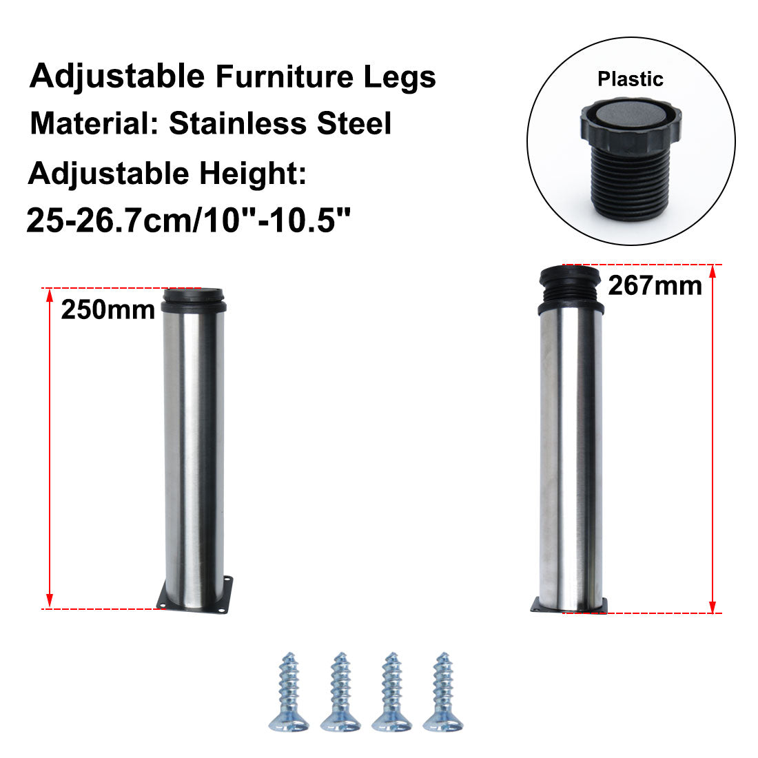 uxcell Uxcell 10" Furniture Legs Stainless Steel Replacement Height Adjuster Silver Tone, 4pcs