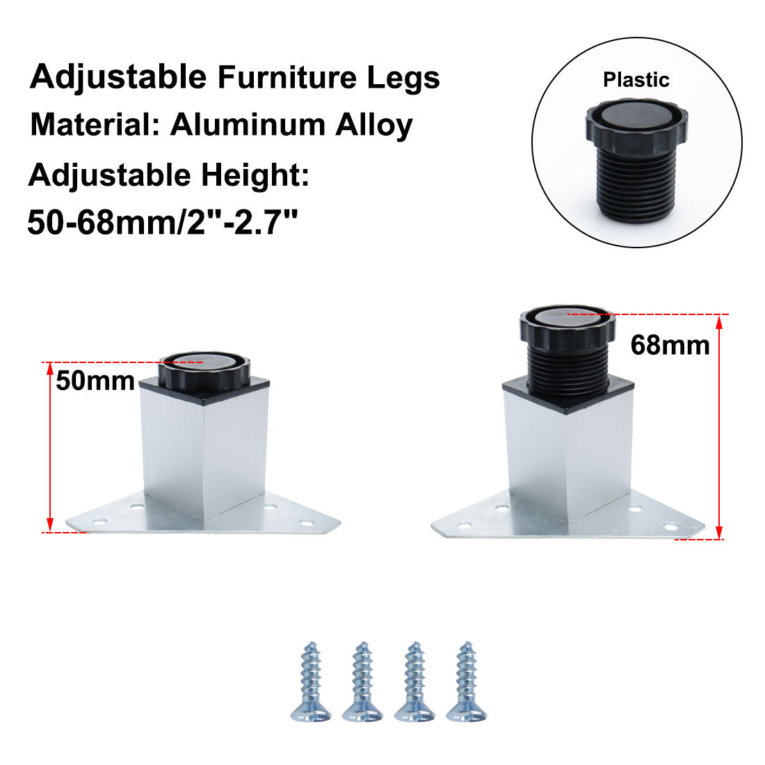 uxcell Uxcell 2" Furniture Leg Aluminium Alloy Table Height Replacement Adjustable Feet 4pcs