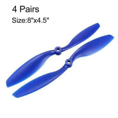 Harfington Uxcell RC Propellers  C 8045 8x4.5 Inch 2-Vane Fixed-Wing for Airplane Toy, Nylon Blue 4 Pairs with Adapter Rings