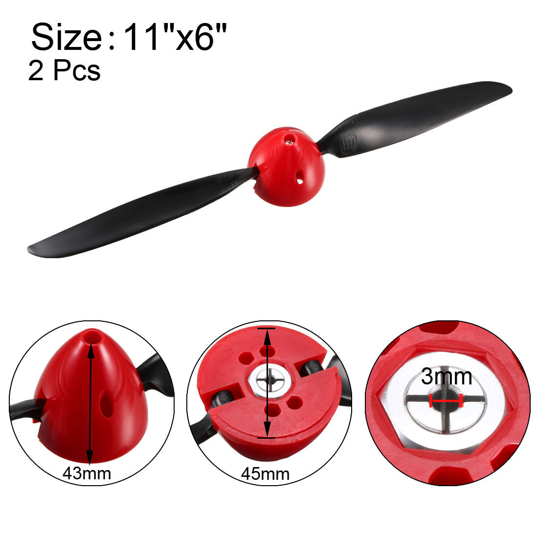 uxcell Uxcell RC Folding Propellers 11x6 inch Spinner Size D45xH43mm 3mm Motor Shaft Dia. 2-Vane for Airplane Helicopter Toy Nylon 2pcs
