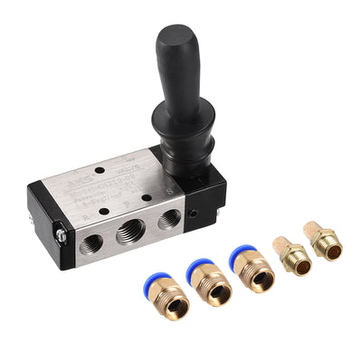 Harfington Uxcell Manual Hand Pull Solenoid Valve 2 Position 5 Way Pneumatic 1/4" PT Air Hand Lever Operated with 6mm OD Connect Fitting and Brass Exhaust Muffler