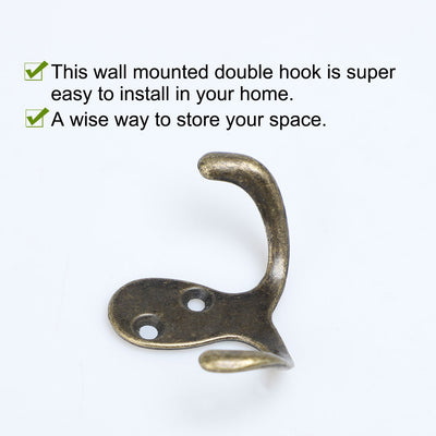 Harfington Uxcell 4pcs Dual Robe Hooks Zinc Alloy Hook Wall Bedroom Holder w Screws, Bronze Tone