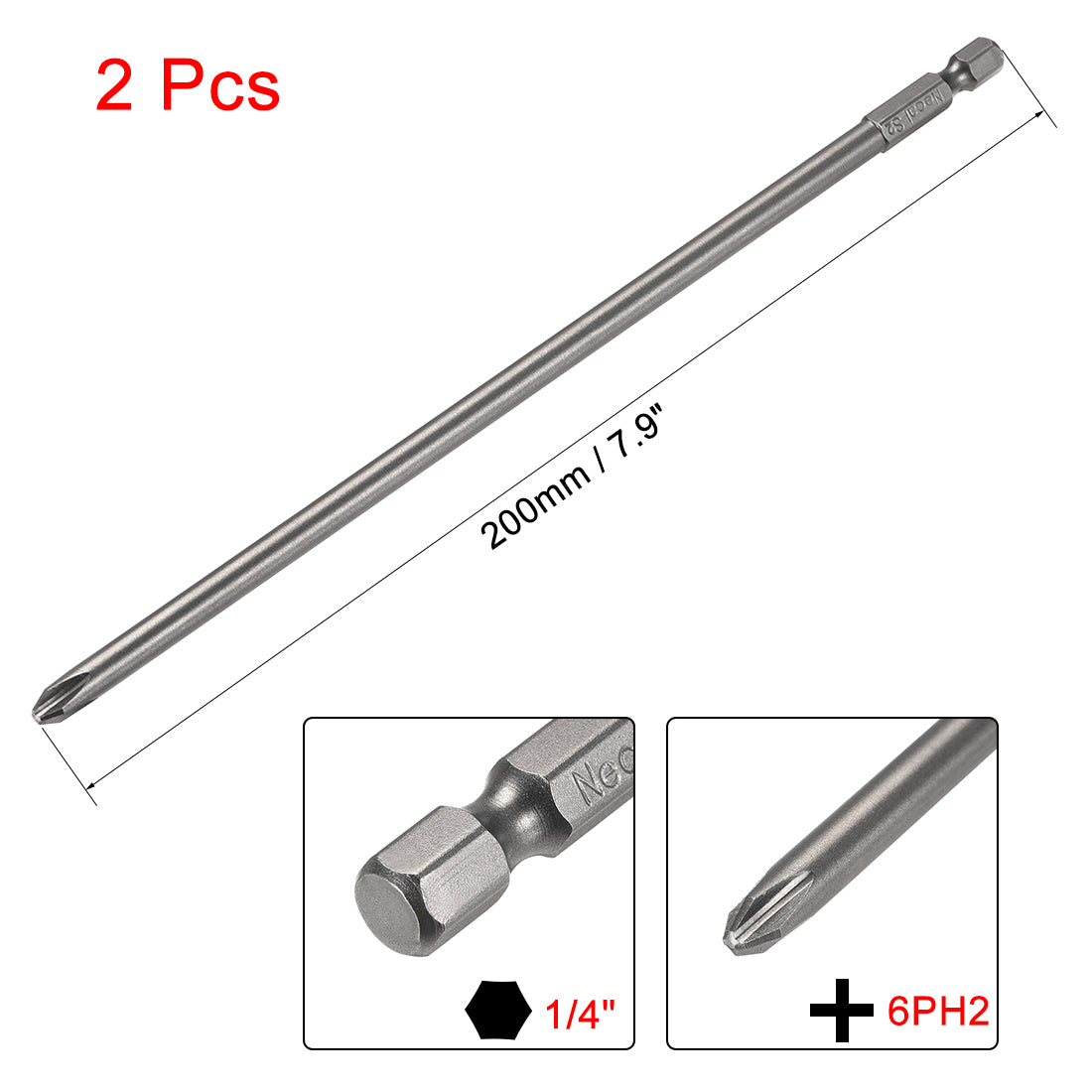 Uxcell Uxcell 1/4-Inch Hex Shank 200mm Length Phillips Cross 6PH2 Magnetic Screw Driver S2 Screwdriver Bits 2pcs