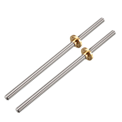 uxcell Uxcell 2PCS 200mm T8 Pitch 2mm Lead 2mm Lead Screw Rod with Copper Nut for 3D Printer