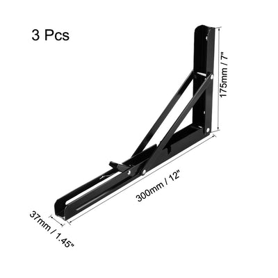 Harfington Uxcell Folding Bracket 12 inch 300mm for Shelves Table Desk Wall Mounted Support Collapsible Long Release Arm Space Saving Carbon Steel 3pcs