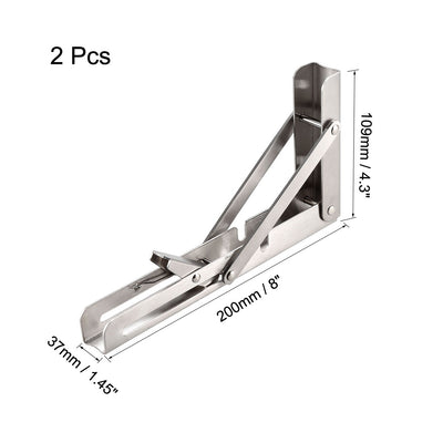 Harfington Uxcell Folding Bracket 8 inch 200mm for Shelf Table Desk Wall Mounted Support Collapsible Long Release Arm Space Saving Stainless Steel 2pcs