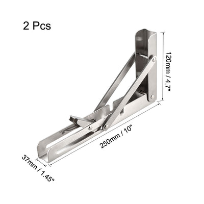 Harfington Uxcell Folding Bracket 10 inch 250mm for Shelf Table Desk Wall Mounted Support Collapsible Long Release Arm Space Saving Stainless Steel 2pcs