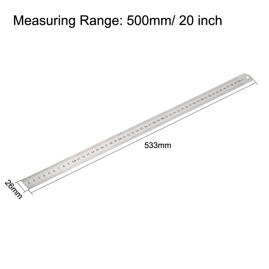 uxcell Uxcell Straight Ruler 500mm 20 Inch Metric Stainless Steel Measuring Ruler Tools with Hanging Hole