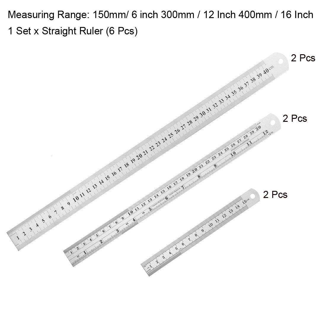 uxcell Uxcell Straight Ruler 150mm 6 Inch 300mm 12 Inch 400mm 16 Inch Metric Stainless Steel Measuring Ruler Tool with Hanging Hole 1 Set