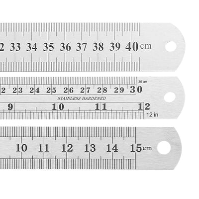 Harfington Uxcell Straight Ruler 150mm 6 Inch 300mm 12 Inch 400mm 16 Inch Metric Stainless Steel Measuring Ruler Tool with Hanging Hole 1 Set
