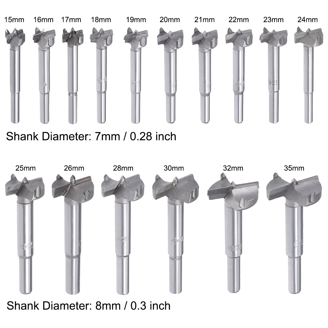 uxcell Uxcell Forstner Wood Boring Drill Bits 15mm to 35mm Dia. Hole Saw Carbide Tip Round Shank Cutting for Hinge Plywood MDF CNC Tool 16in1 Set