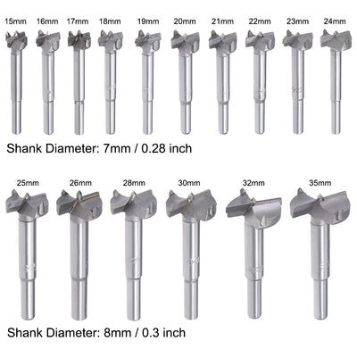 Harfington Uxcell Forstner Wood Boring Drill Bits 15mm to 35mm Dia. Hole Saw Carbide Tip Round Shank Cutting for Hinge Plywood MDF CNC Tool 16in1 Set