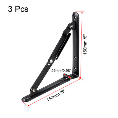 Harfington Uxcell Folding Bracket 6 inch 150mm for Shelves Table Desk Wall Mounted Support Collapsible Long Release Arm Space Saving Carbon Steel 3pcs