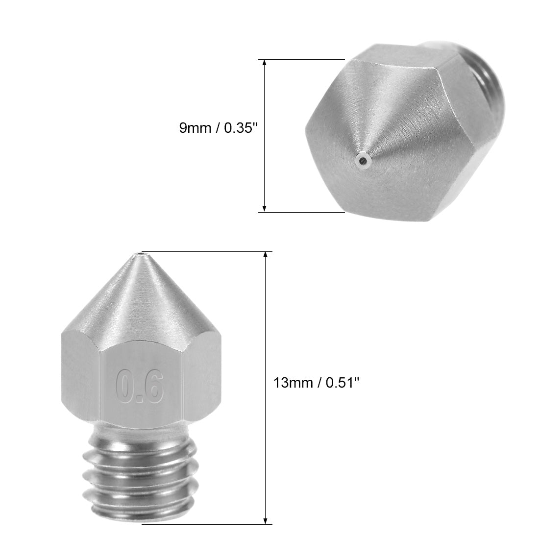 uxcell Uxcell 0.6mm 3D Printer Nozzles Head M6 for MK8 1.75mm, Stainless Steel 10pcs