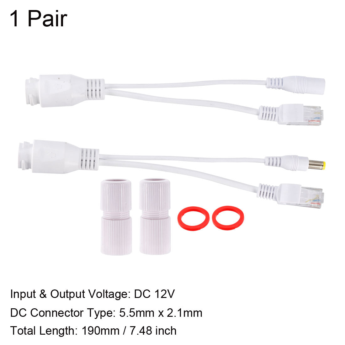 uxcell Uxcell 1pair POE Splitter Injector Kit Waterproof Power Over Ethernet Cable Kit White with 5.5x2.1mm DC Connector