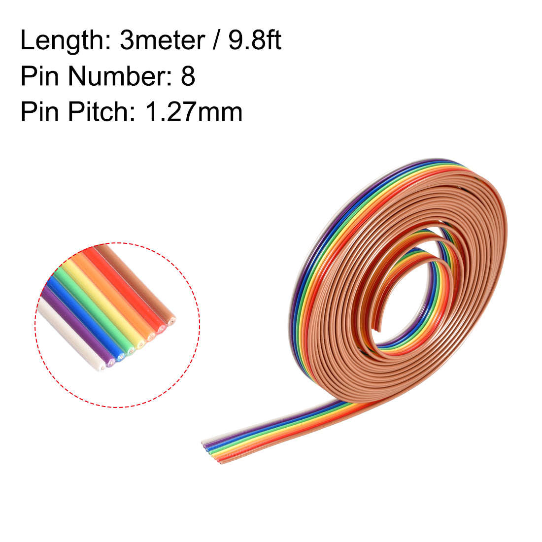 uxcell Uxcell IDC Rainbow Wire Flat Ribbon Cable 8P 1.27mm Pitch 3meter/9.8ft Length