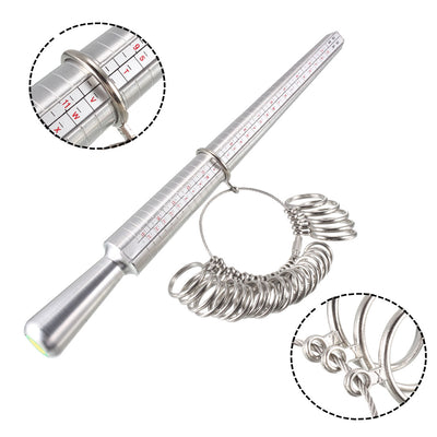 Harfington Uxcell Ring Sizer Mandrel Kit 4 Sizes Aluminum Finger Measuring Stick Ruler Gauge with 26 Zinc Alloy Circle Models Rubber Hammer 1 Set