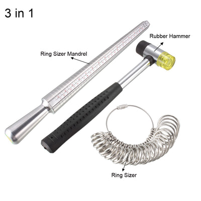 Harfington Uxcell Ring Sizer Mandrel Kit 4 Sizes Aluminum Finger Measuring Stick Ruler Gauge with 26 Zinc Alloy Circle Models Rubber Hammer 1 Set