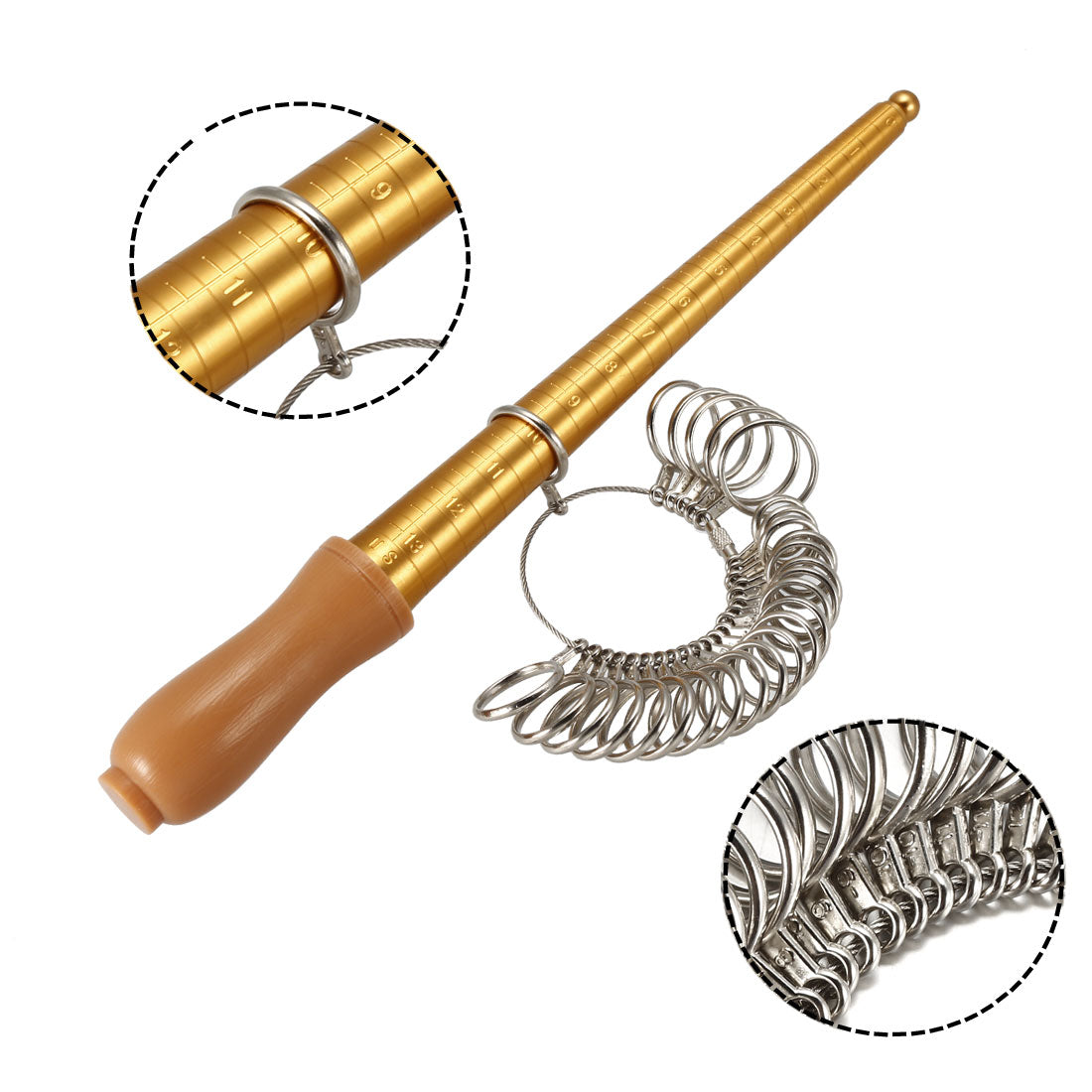 uxcell Uxcell Ring Sizer Mandrel Kit US 0-13 Finger Measuring Stick Ruler Gauge Copper Plating Aluminum with 27 Zinc Alloy Circle Models Rubber Hammer 1 Set