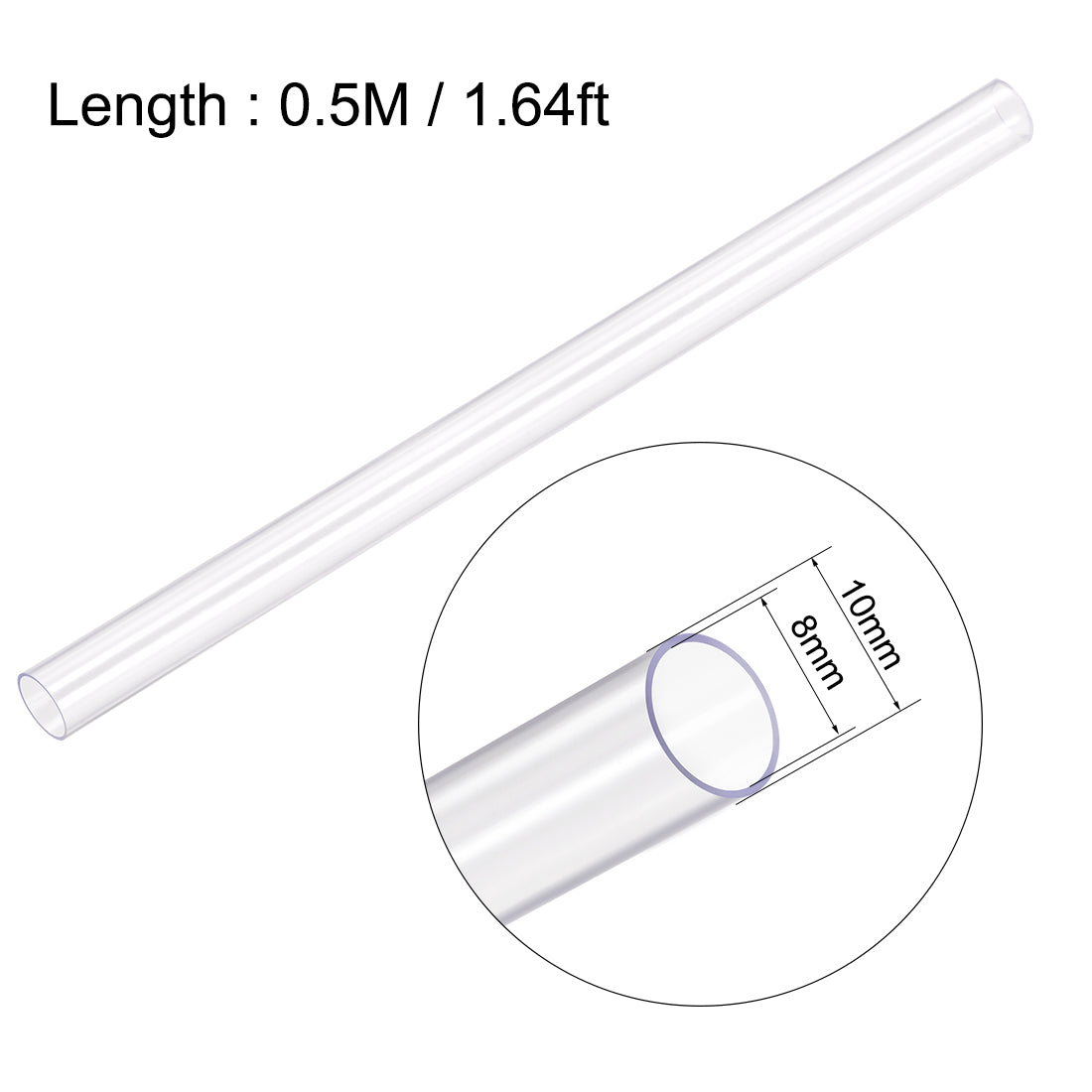 uxcell Uxcell PC Rigid Round Clear Tubing, 8mm(5/16") ID x 10mm(3/8") OD 0.5m Plastic Tube