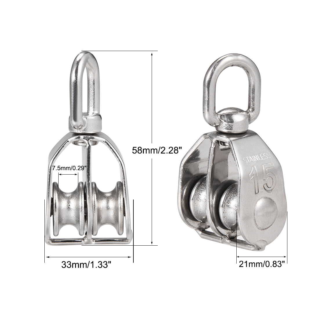 uxcell Uxcell M15 Lifting Crane Swivel Hook  Pulley Block Hanging Wire Towing Double Wheel Stainless Steel 3pcs