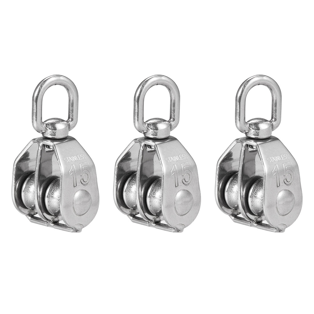 uxcell Uxcell M15 Lifting Crane Swivel Hook  Pulley Block Hanging Wire Towing Double Wheel Stainless Steel 3pcs