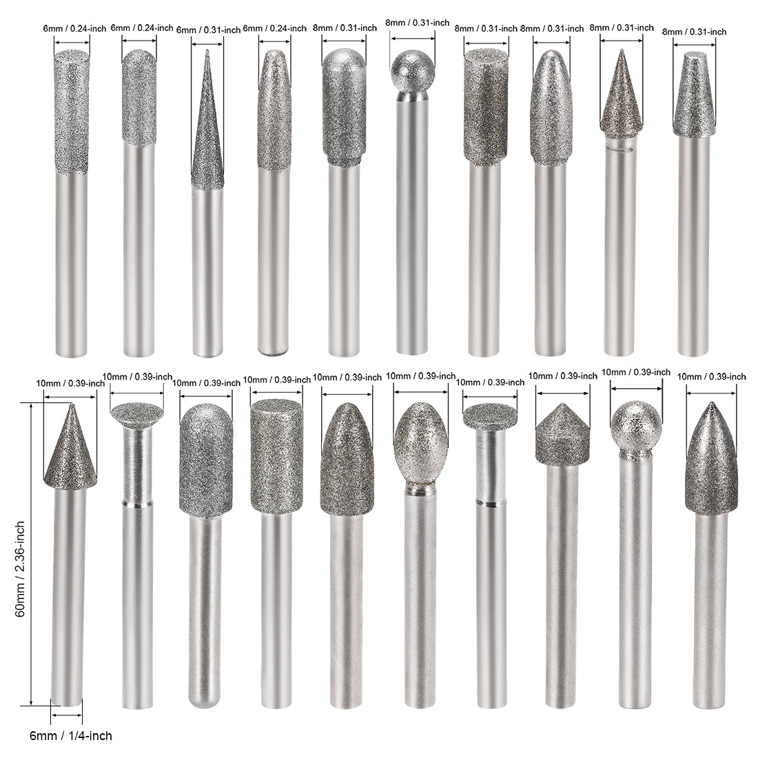 uxcell Uxcell Diamond Burrs Set Grinding Drill Bits for Carving Rotary Tool 1/4-Inch Shank 6mm 8mm 10mm 150 Grit 20 Pcs