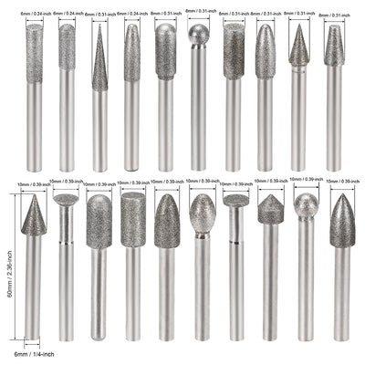 Harfington Uxcell Diamond Burrs Set Grinding Drill Bits for Carving Rotary Tool 1/4-Inch Shank 6mm 8mm 10mm 150 Grit 20 Pcs