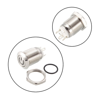 Harfington Uxcell Momentary Metal Push Button Switch Flat Head 12mm Mounting Dia 1NO 12V LED Light