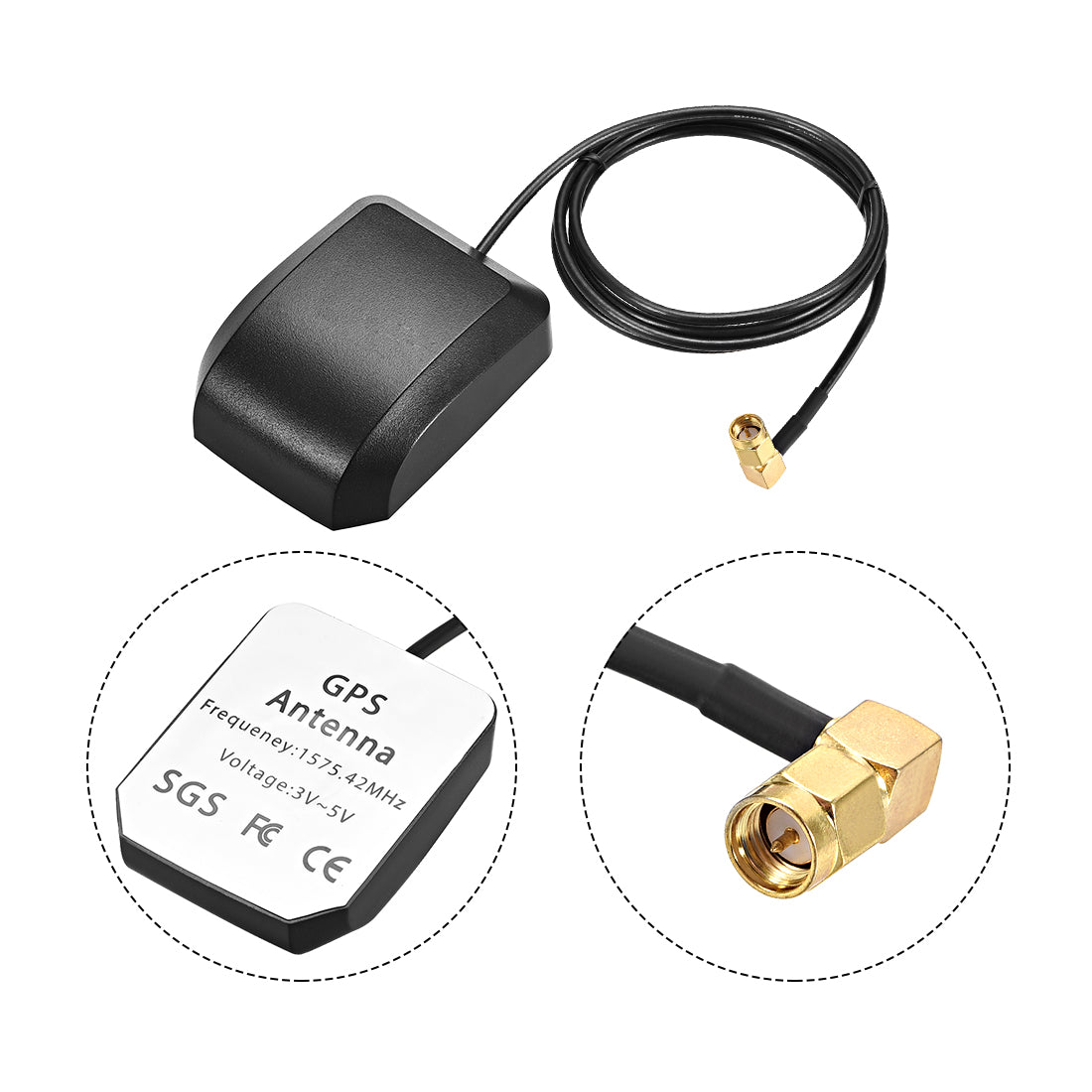 uxcell Uxcell GPS Active Antenna SMA Male Plug 90-Degree 34dB Magnetic Mount 1 Meters Wire L