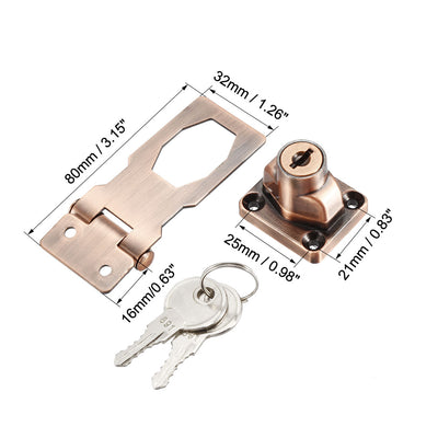 Harfington Uxcell Keyed Hasp Lock 80mm Twist Knob Keyed Locking Hasp for Door Cabinet Keyed Different Red Copper Tone