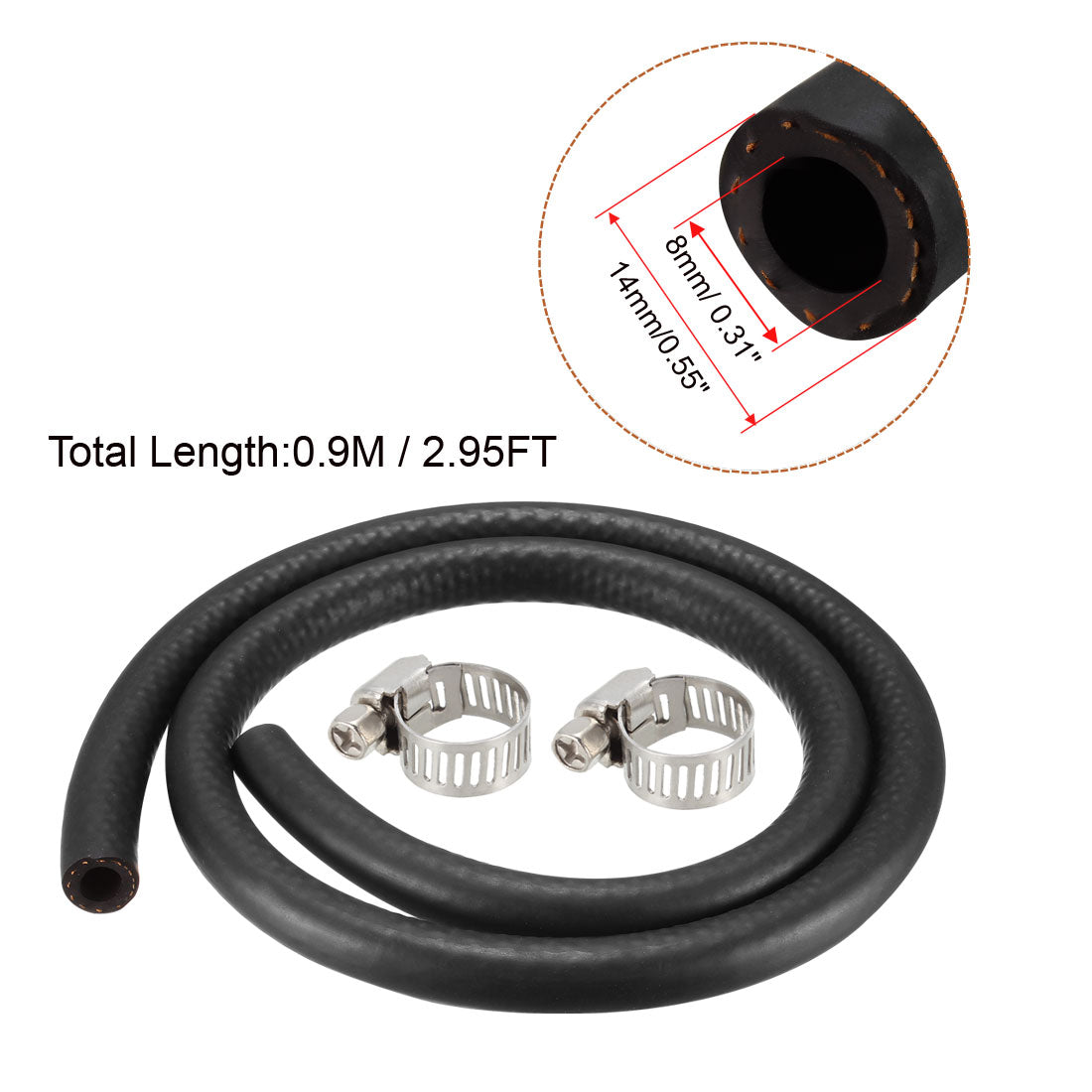 uxcell Uxcell Fuel Line Fuel Hose Rubber  8mm I.D.  0.9M/2.95FT  Diesel Petrol Hose Engine Pipe Tubing with 2 Clamps