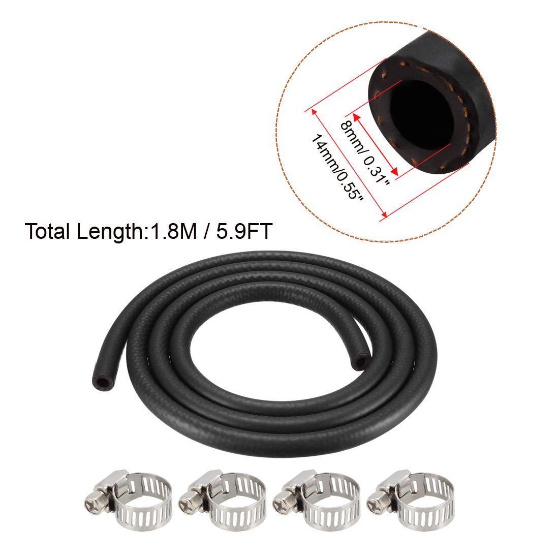 uxcell Uxcell Fuel Line Fuel Hose Rubber  8mm I.D.  1.8M/5.9FT  Diesel Petrol Hose Engine Pipe Tubing with 4 Clamps