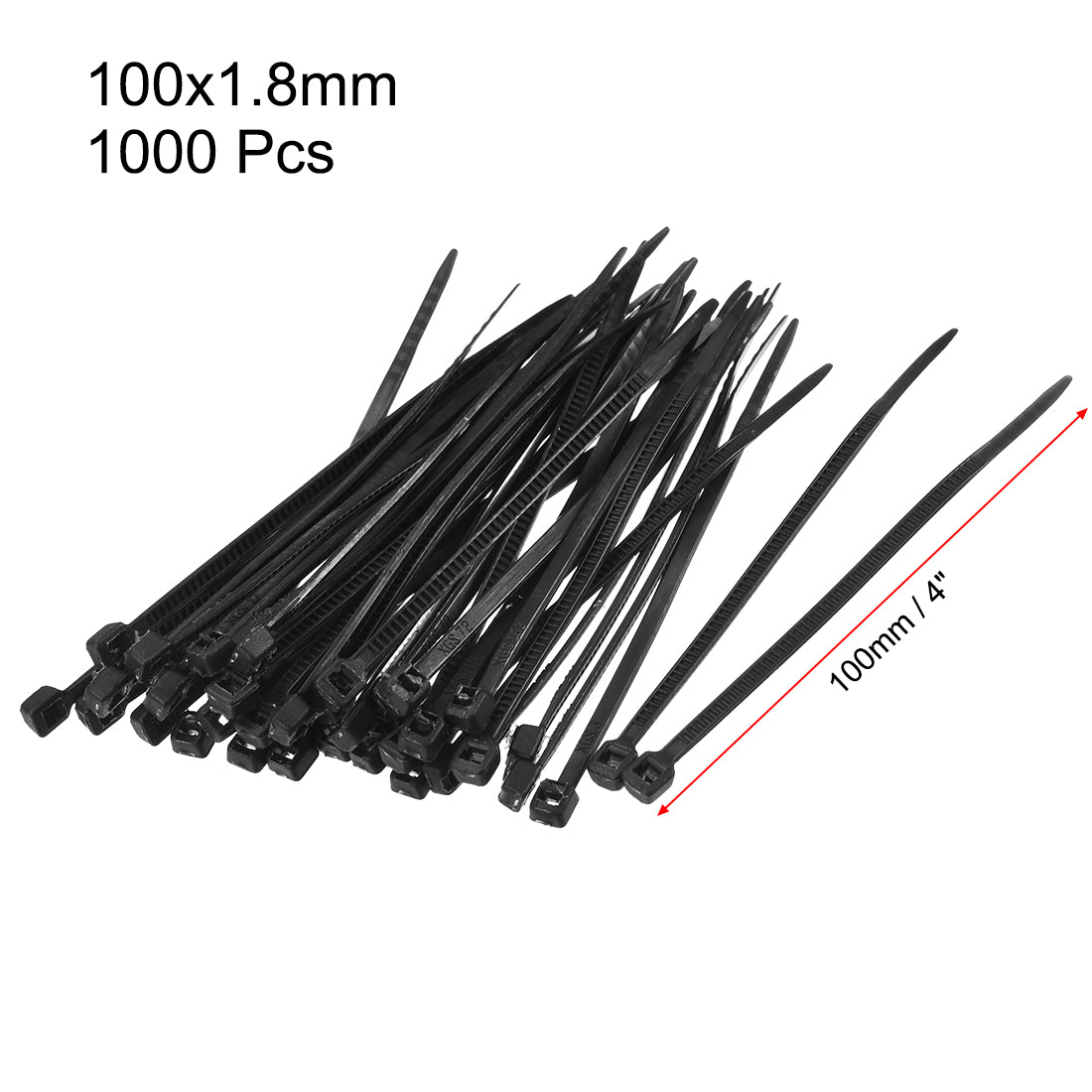 uxcell Uxcell Cable Zip Ties 100mmx1.8mm Self-Locking Nylon Tie Wraps Black 1000pcs