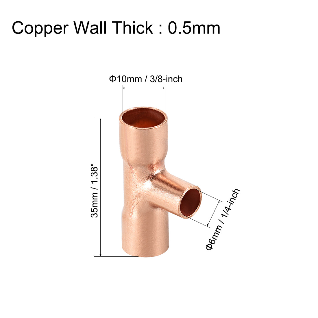 uxcell Uxcell 3/8-inch x 1/4-inch x 3/8-inch Copper Reducing Tee Copper Pressure Pipe Fitting Conector  for Plumbing Supply and Refrigeration 2pcs