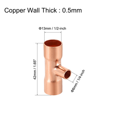 Harfington Uxcell 1/2-inch x 1/4-inch x 1/2-inch Copper Reducing Tee Copper Pressure Pipe Fitting Conector  for Plumbing Supply and Refrigeration 2pcs