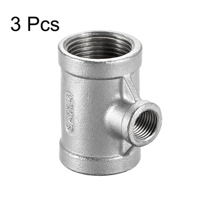 Harfington Uxcell Stainless Steel 304 Cast  Pipe Fitting 3/4 BSPT x 1/4 BSPT x 3/4 BSPT Female Tee Shaped Connector Coupler 3pcs
