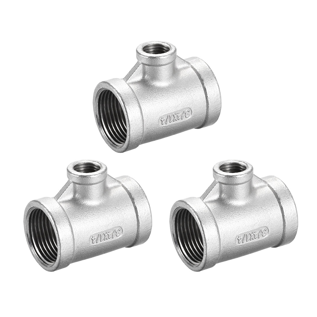 uxcell Uxcell Stainless Steel 304 Cast  Pipe Fitting 3/4 BSPT x 1/4 BSPT x 3/4 BSPT Female Tee Shaped Connector Coupler 3pcs