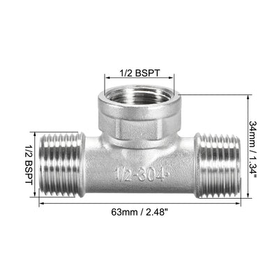 Harfington Uxcell Stainless Steel 304 Cast  Pipe Fitting 1/2 BSPT Male x 1/2 BSPT Femalex 1/2 BSPT Male Tee Shaped Connector Coupler 2pcs