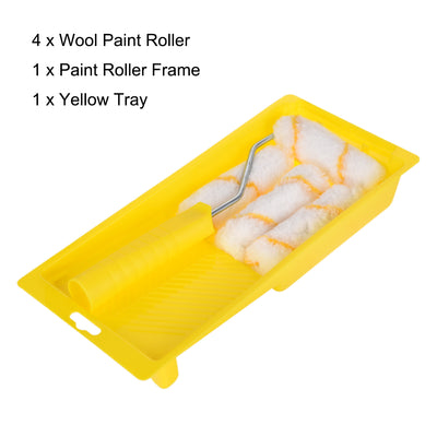 Harfington Uxcell Paint Roller Kit, 4 Inch 4xWool Paint Roller Covers, 1xPaint Roller Frame, 1xPaint Roller Tray, 7Pcs