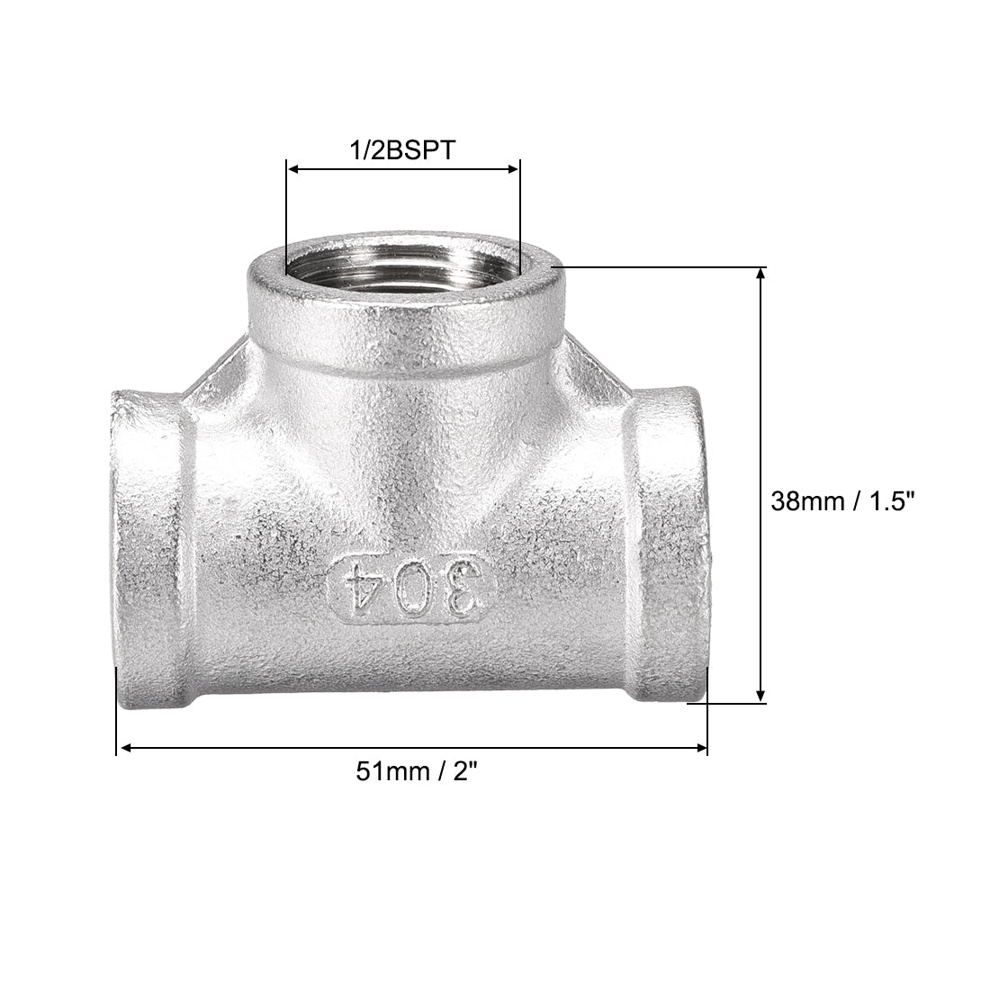 uxcell Uxcell Stainless Steel 304 Cast  Pipe Fitting 1/2BSPT Female Thread Class 150 Tee Shaped Connector Coupler 2pcs