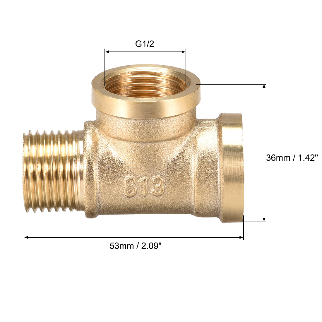 uxcell Uxcell Brass Tee Pipe Fitting G1/2 Male x G1/2 Female x G1/2 Female T Shaped Connector Coupler