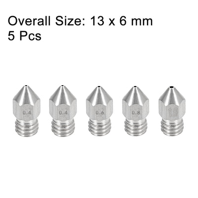 Harfington Uxcell 3D Printer Nozzle Fit for MK8,for 1.75mm Filament Stainless Steel,0.4mm - 1mm Total 5pcs