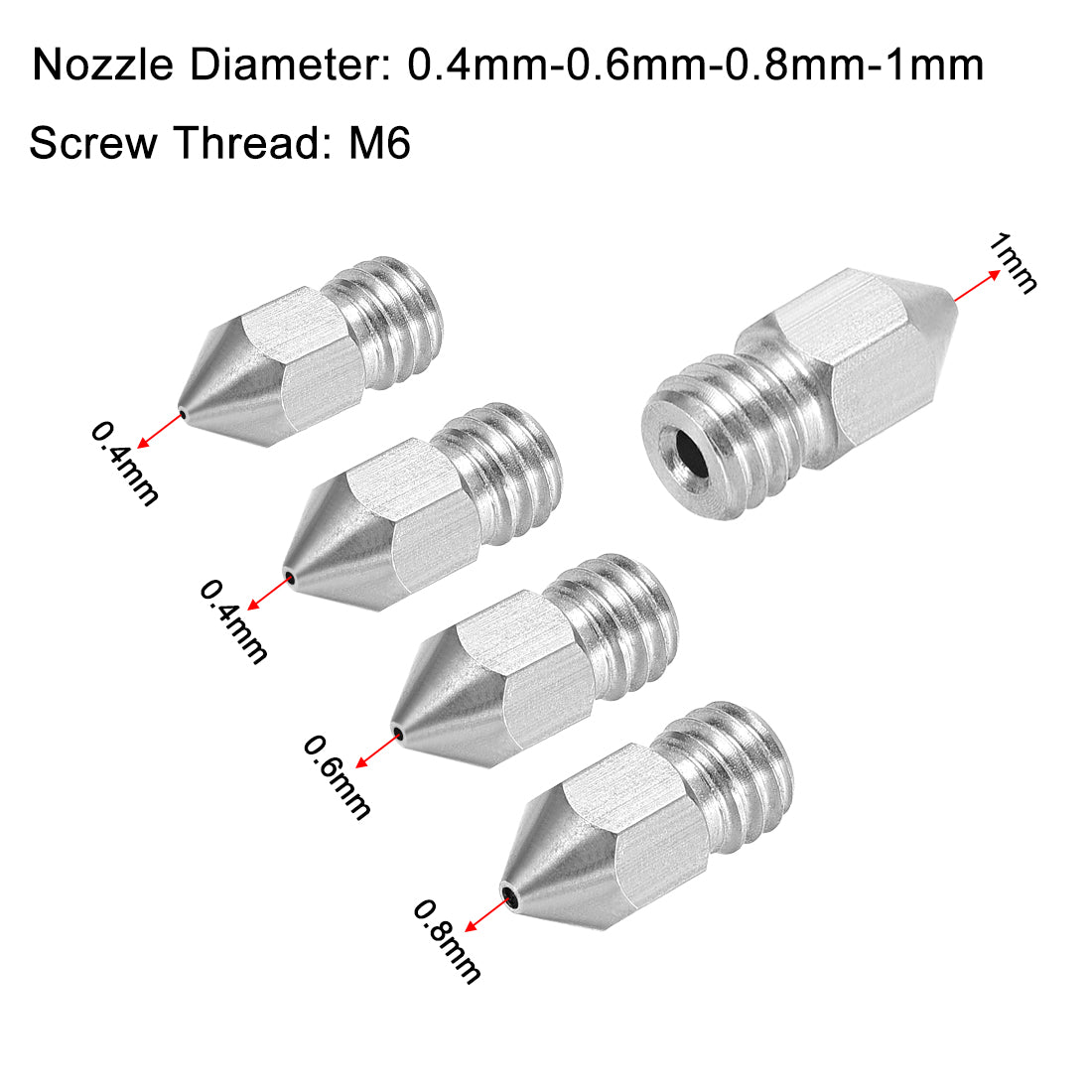 uxcell Uxcell 3D Printer Nozzle Fit for MK8,for 1.75mm Filament Stainless Steel,0.4mm - 1mm Total 5pcs