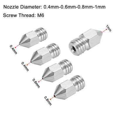 Harfington Uxcell 3D Printer Nozzle Fit for MK8,for 1.75mm Filament Stainless Steel,0.4mm - 1mm Total 5pcs