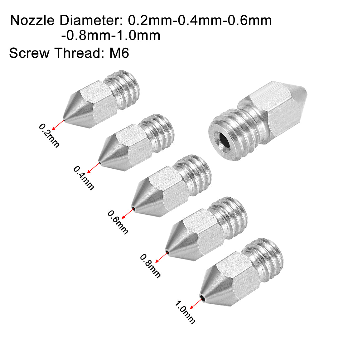 uxcell Uxcell 3D Printer Nozzle Fit for MK8, for 1.75mm Filament Stainless Steel,0.2mm - 1mm Total 5pcs